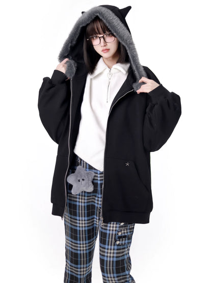 Nyar Star Gravity Velvet Cat ear Farjack+Blue Check College Pants