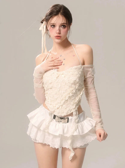 Shoulder Top Sheer Halter Apricot One Sleeve Neck