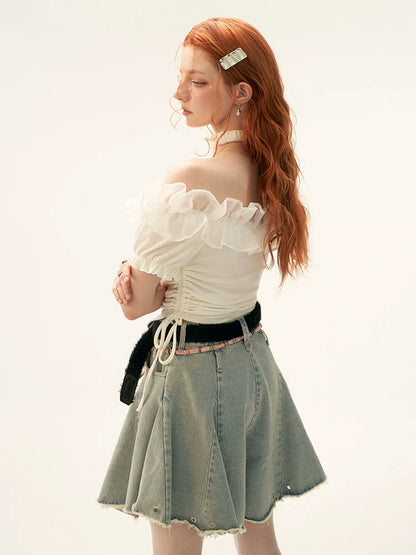 Haut en dentelle, épaules en tulle, haut fleuri, tricot