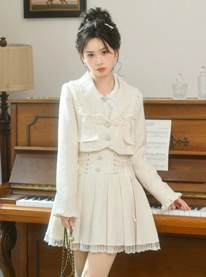 Ensemble + Jupe courte à volants Veste à lacets en tweed plissée