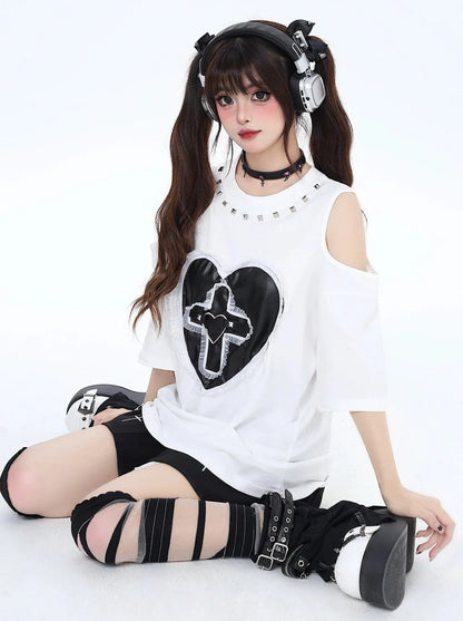 Dunkles T-Shirt mit genieteter Spitze Love Loose Open Shelder