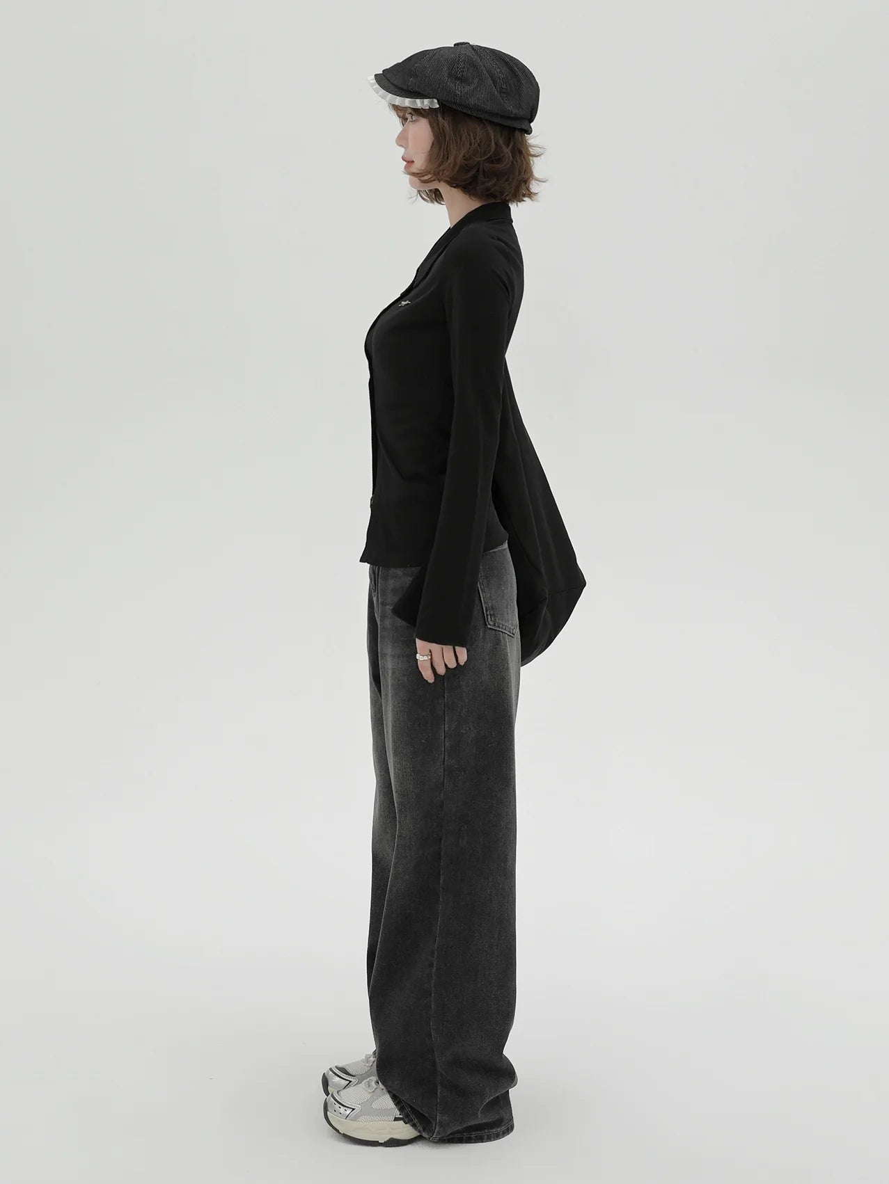 Knit Bell Black Slim Polo Collar Cardigan Sleeve Retro
