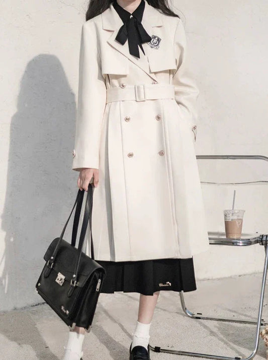 Jupe + Trench Badge Collège Chemise Abricot Manteau Plissé Brodé Métal Ruban Noir
