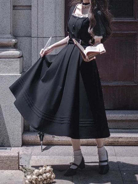 Square Black Pearl Waist Necklace French Collar Dress Black Ribbon Catsuit Retro