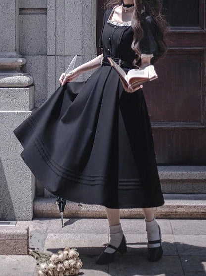 Square Black Pearl Waist Necklace French Collar Dress Black Ribbon Catsuit Retro