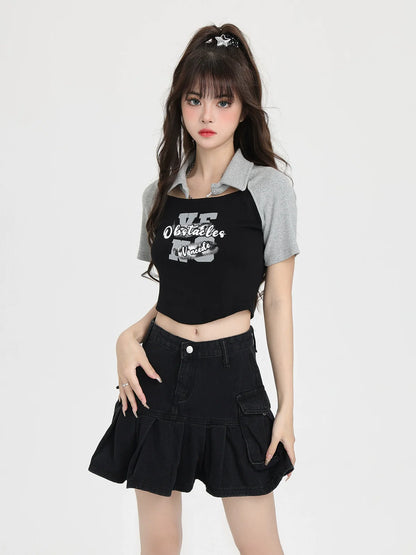American Polo Letter Top Kurzer Print Retro