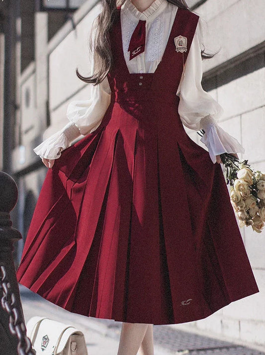 Shirt Retro Chiffon Badge + College Lace Tie + Elegant + Red Red Emblem Sundress