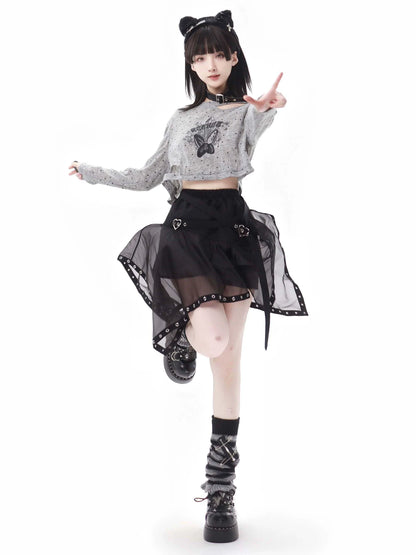 プリントサマーショートスカート イレギュラープルオーバー パンクハイドチュールバタフライ+ニット