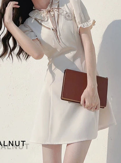 Style Dress Sleeve V-neck Emblem Shirt Badge Preppy Ribbon + Puff Ruffle
