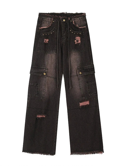Gradient Retro Cargo Denim Damaged Black Pants