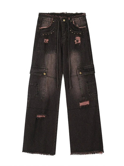 Gradient Retro Cargo Denim Damaged Black Pants