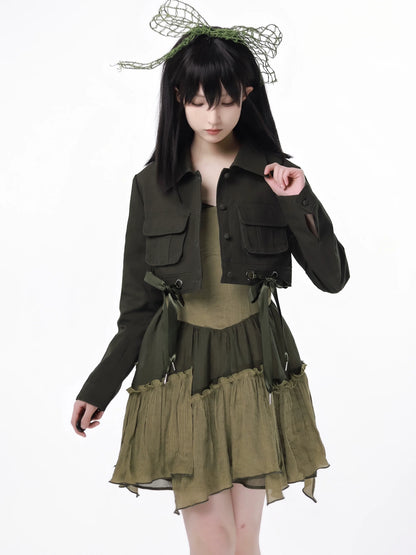 Veste courte américaine en denim vert rétro à licou