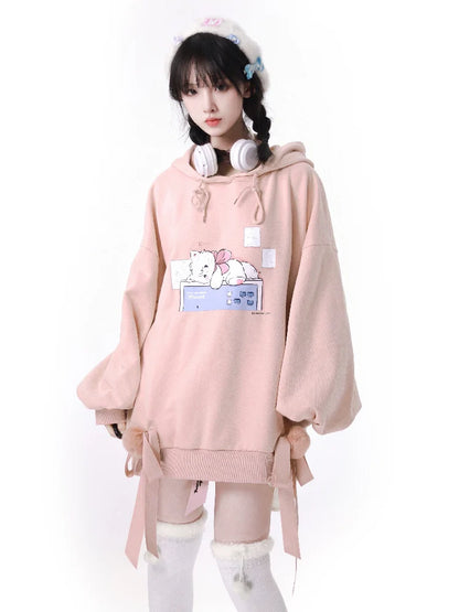 プラスベルベッドピンクホワイトボールリボンパーカー