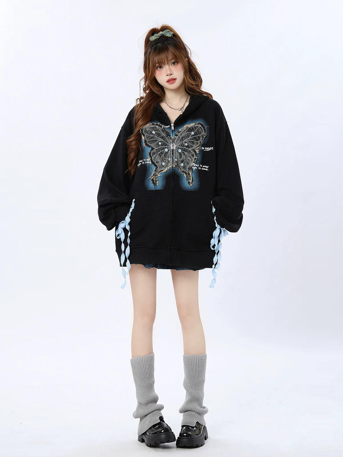 Jacket Hooded Loose Butterfly Sweatshirt Ribbon