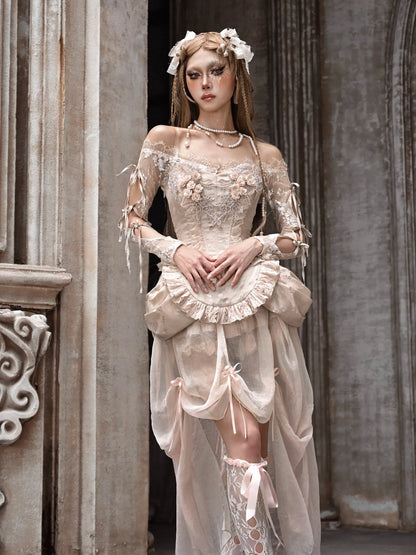 Court Strap Lace Ballet Cardigan Tops Crochet Sleeve Inner Off-Shoulder