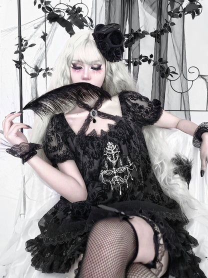 Dark Sleeve Puff Top Gothic Embroidery Lace