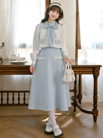 Jupe à ruban Gilet en tweed Parfum de tweed Chemise de costume bleue