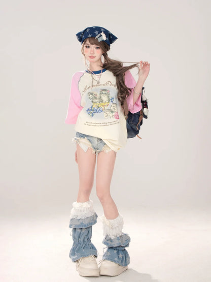 T-shirt ample raglan imprimé chat mignon