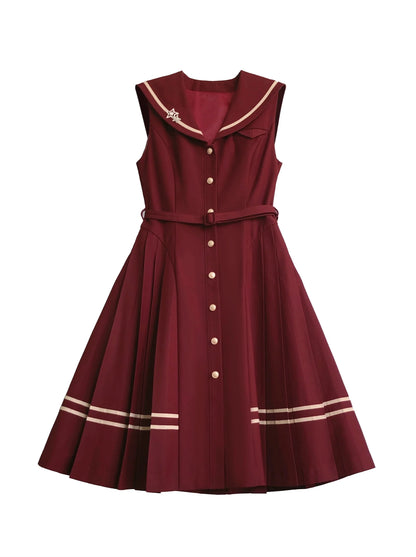 Shirt Dress Color + Tie Pleated Navy Suit Striped Badge Retro Magic Dress Academy