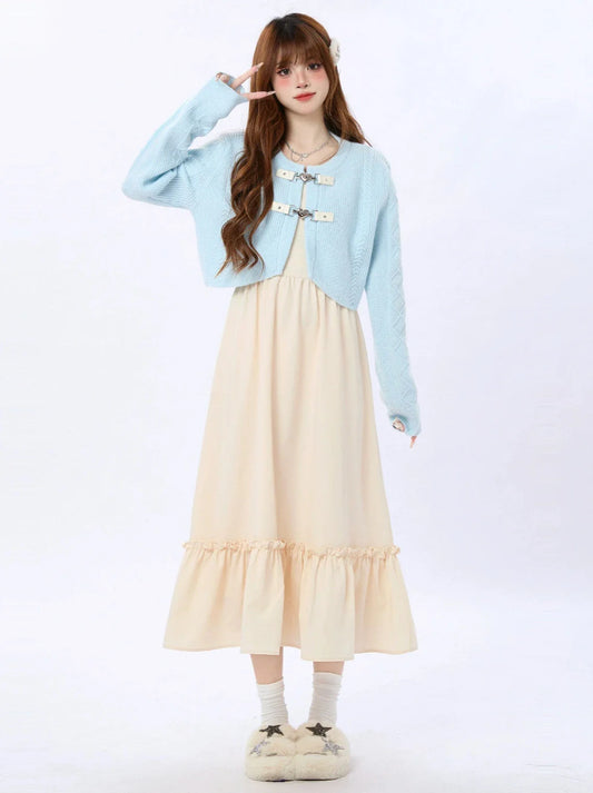 Ruffle Knit Heart Suspender Cardigan + Buckle Dress