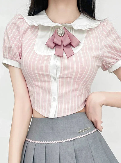 Striped Color Top Ribbon Puff Sleeve Sweet