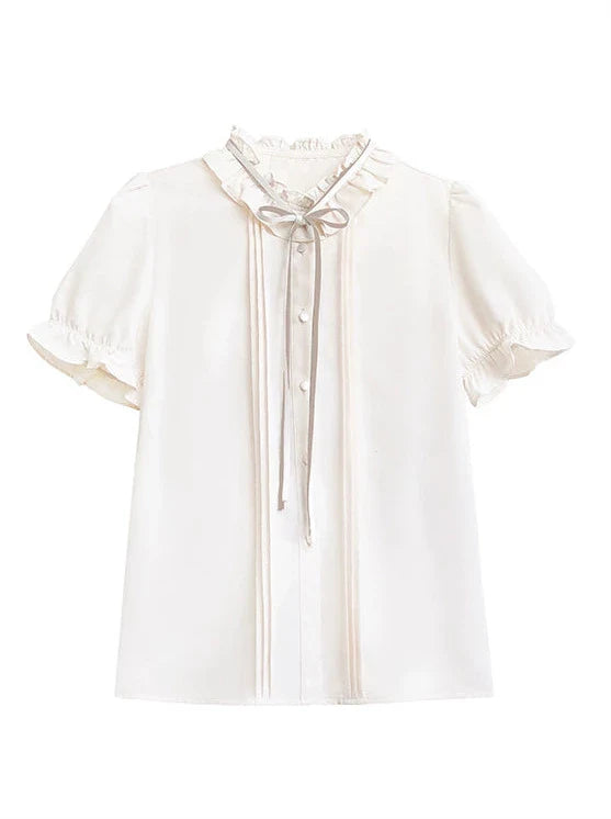 Style Dress Sleeve V-neck Emblem Shirt Badge Preppy Ribbon + Puff Ruffle
