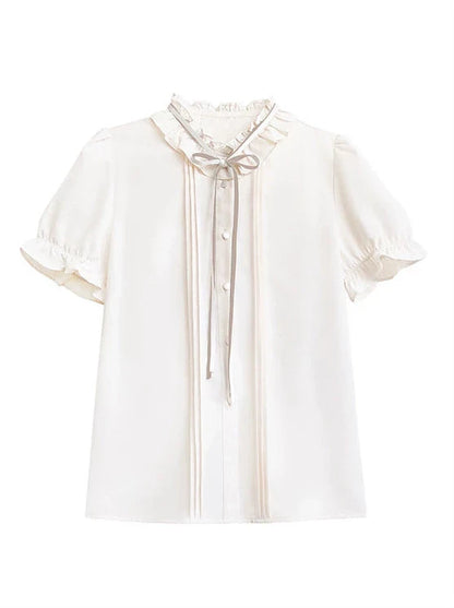 Style Dress Sleeve V-neck Emblem Shirt Badge Preppy Ribbon + Puff Ruffle