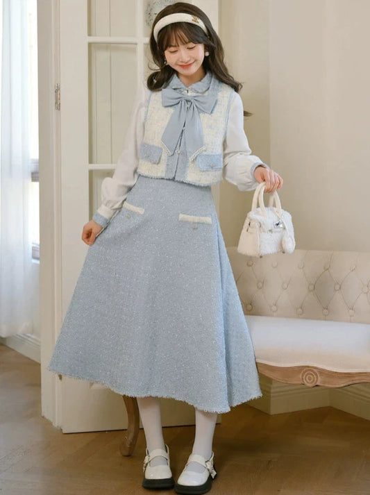 Jupe à ruban Gilet en tweed Parfum de tweed Chemise de costume bleue
