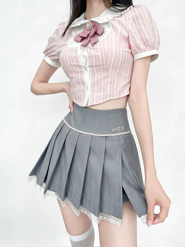 Striped Color Top Ribbon Puff Sleeve Sweet