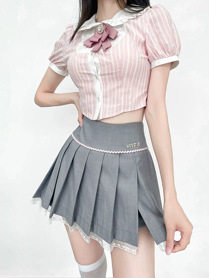 Striped Color Top Ribbon Puff Sleeve Sweet