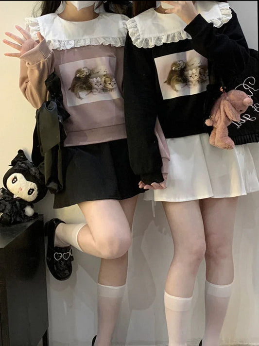 レーススクエアカラーキャットプリントトレーナー