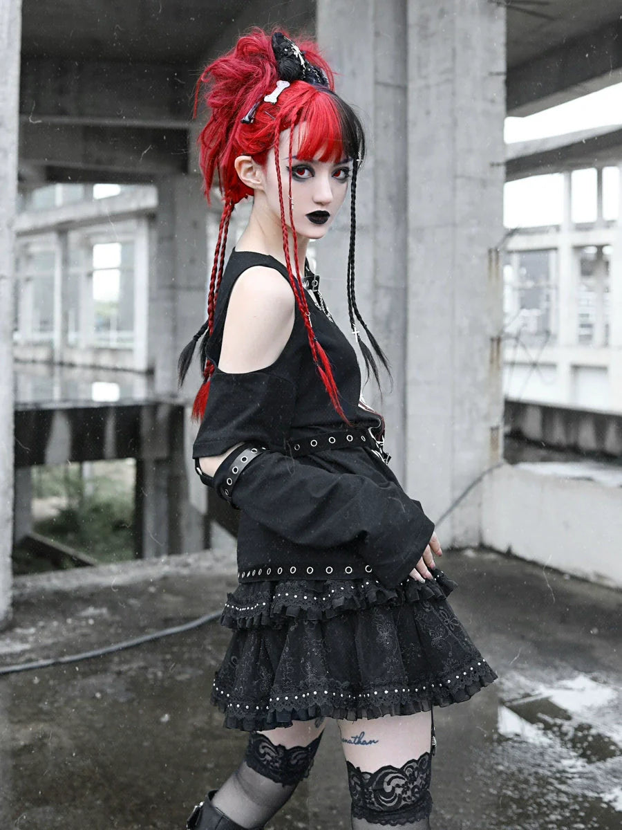 Metal Buckle Cake Leather Rivet Layer Punk Skirt