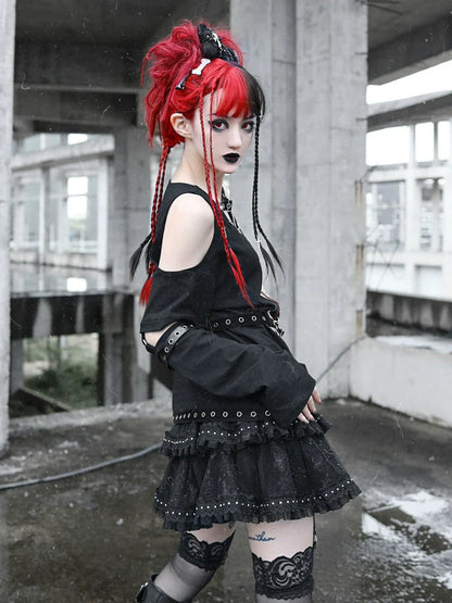 Metal Buckle Cake Leather Rivet Layer Punk Skirt
