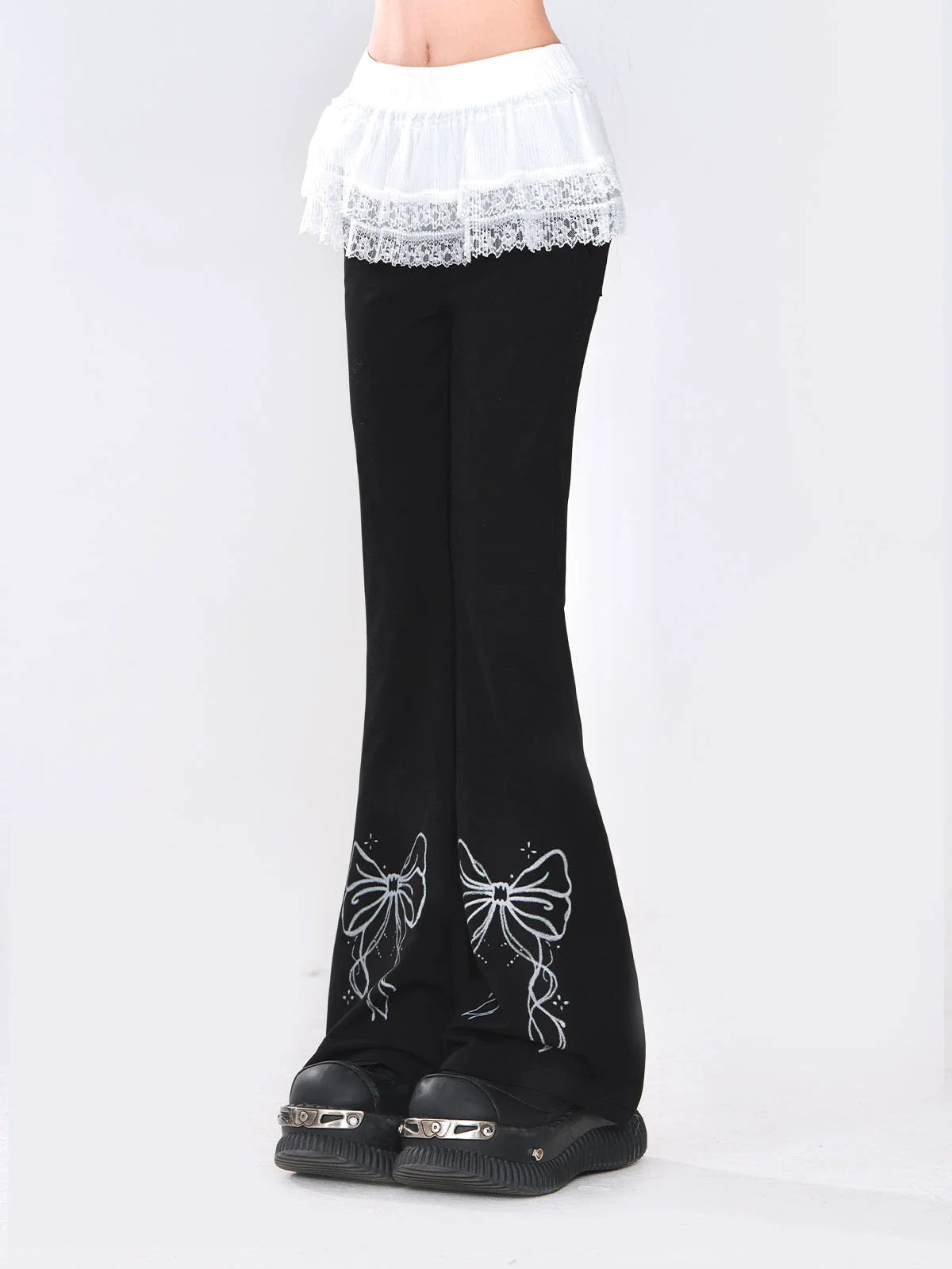 Ribbon Design Lace Pants Flared + Skirt