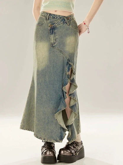 Skirt Slit Denim Frill Design