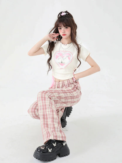 Pants Casual Check Pink