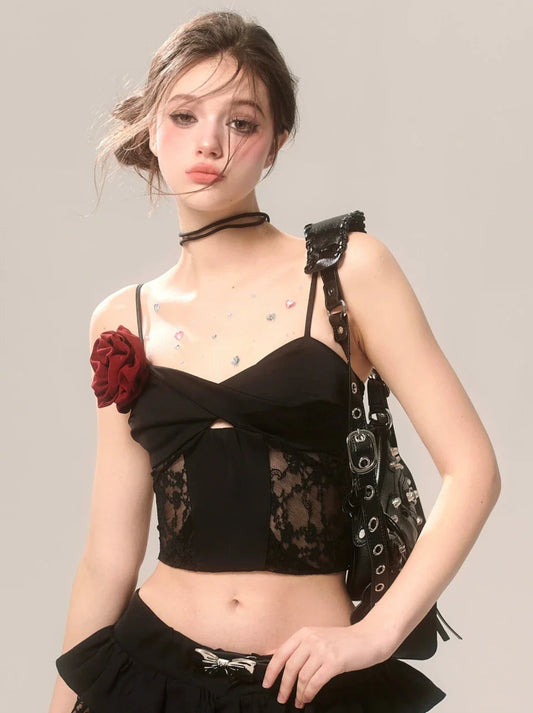 Rose French Short Top Lace Black Suspender
