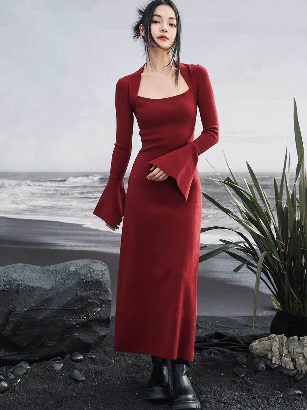 Retro Bell Dress Dark Sleeve Red