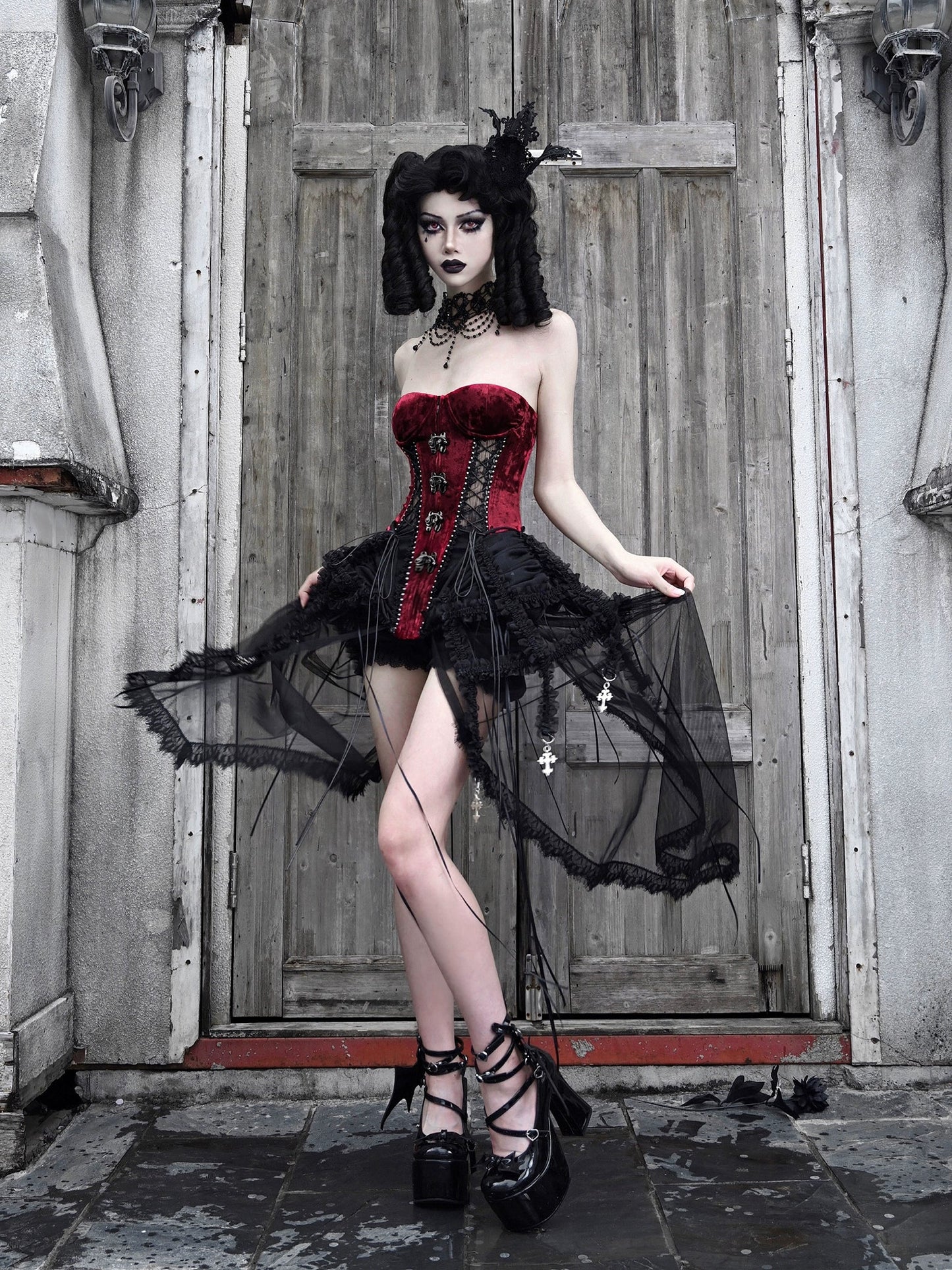 Dark Alice Dress Hell Fishbone Straps Corset Set Gothic Tulle
