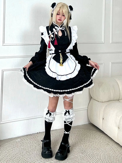 Ensemble de servante chinoise avec manches à ruban noir, tablier, manches et robe longue et courte, blanc