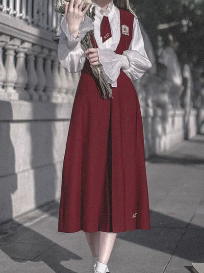 Shirt Retro Chiffon Badge + College Lace Tie + Elegant + Red Red Emblem Sundress