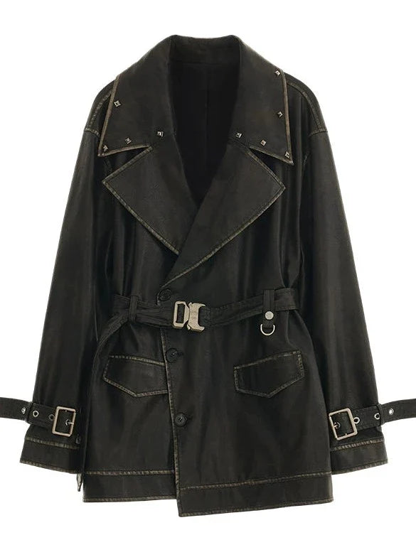 Veste en cuir avec ceinture et coupe-vent poli