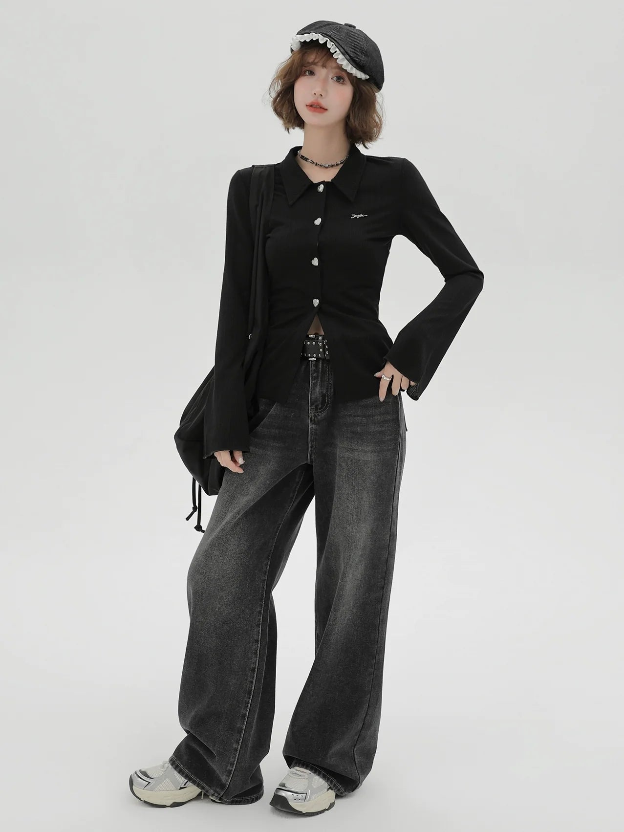 Knit Bell Black Slim Polo Collar Cardigan Sleeve Retro