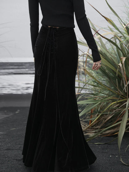 High Mermaid Velvet Black Waist Skirt Retro Back Long Up Lace