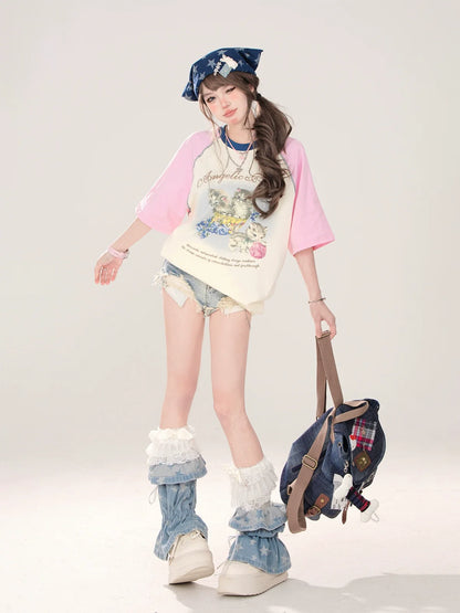 T-shirt ample raglan imprimé chat mignon