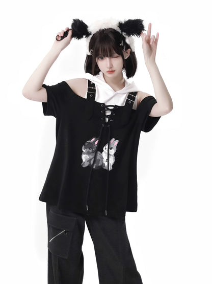 Pantalon à bretelles design d'été, lapin, épaules dénudées, sweat à capuche noir et blanc, costume