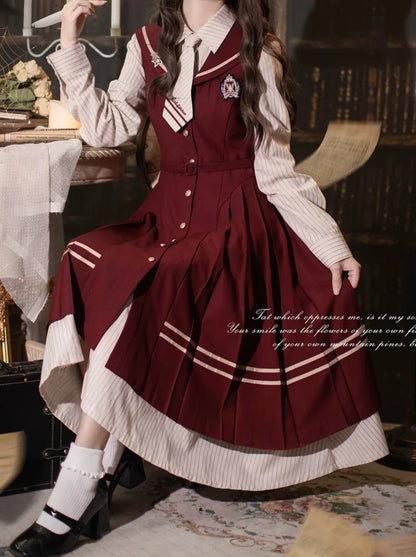 Shirt Dress Color + Tie Pleated Navy Suit Striped Badge Retro Magic Dress Academy