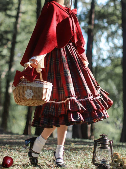 Robe Col Ruban Capuche Tête Montante Rouge Petit + Écharpe À Volants Plissée Cape Manteau Chemise À Carreaux
