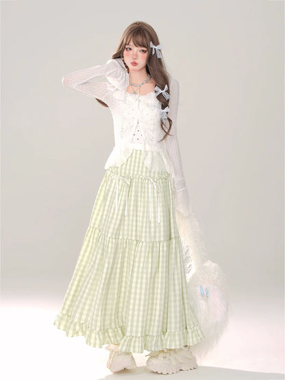 チェック+リボン Aライン Aライン ドットスカート ロングスカート ロング