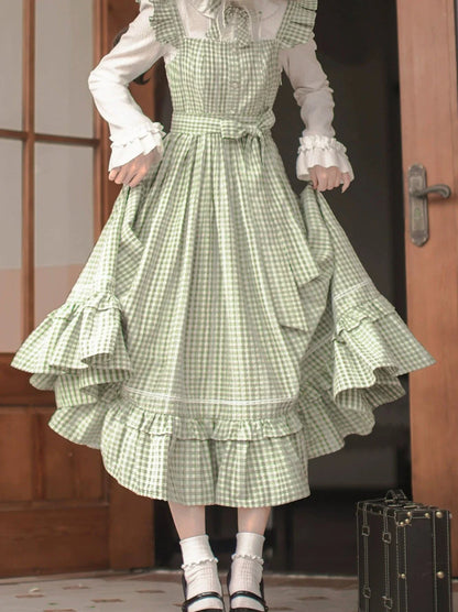 Chemise à col, ruban, carreaux + volants, épaules françaises, vert forêt